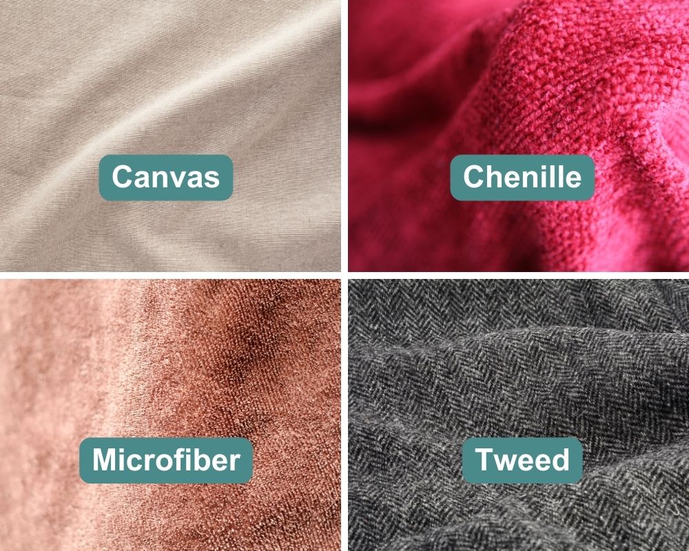 Sample images of upholstery fabric such as captioned canvas microfiber chenille and tweed.