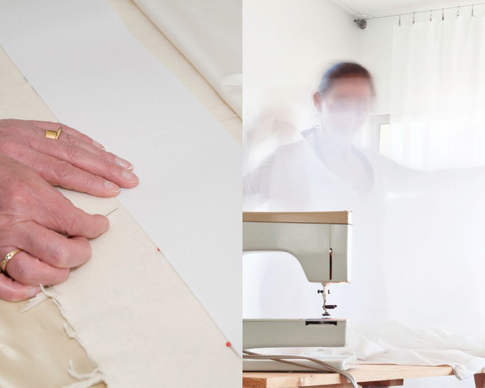 Woman with a needle and thread and another image of a woman sewing.