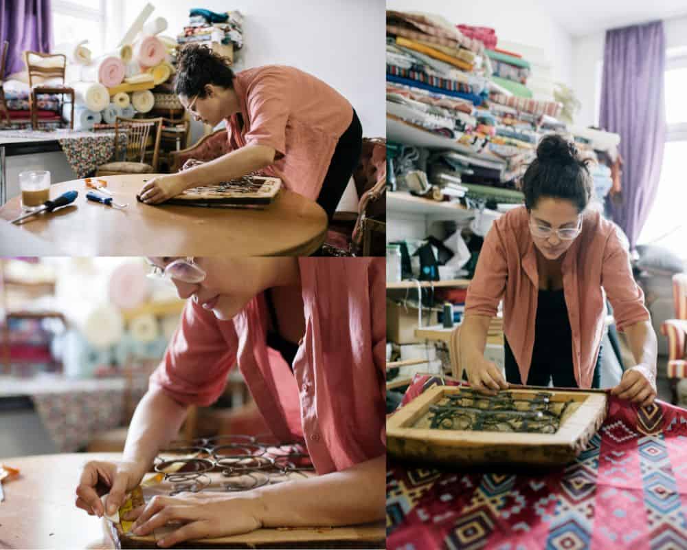 Three views of a woman reupholstering boat seats.