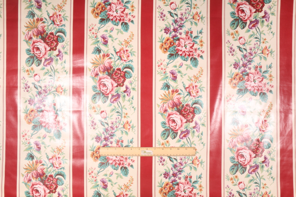 Floral Stripe Printed Polished Cotton Drapery Fabric in Lacquer