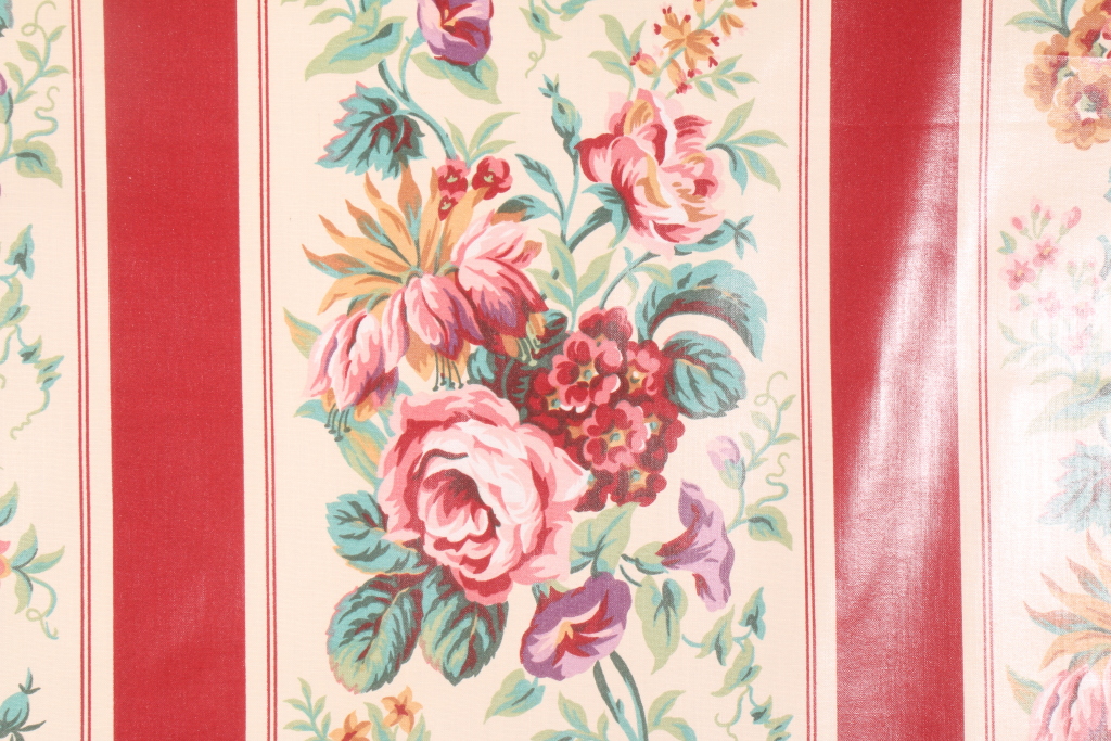 Floral Stripe Printed Polished Cotton Drapery Fabric in Lacquer
