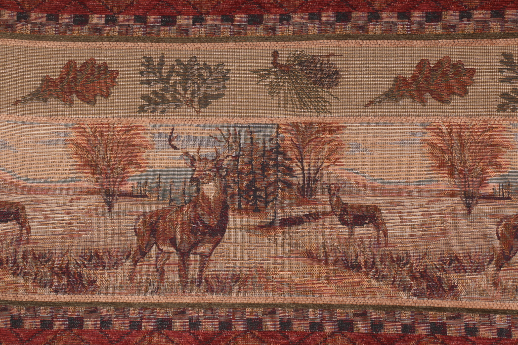 Chenille Tapestry Upholstery Fabric With Deer in Burgundy