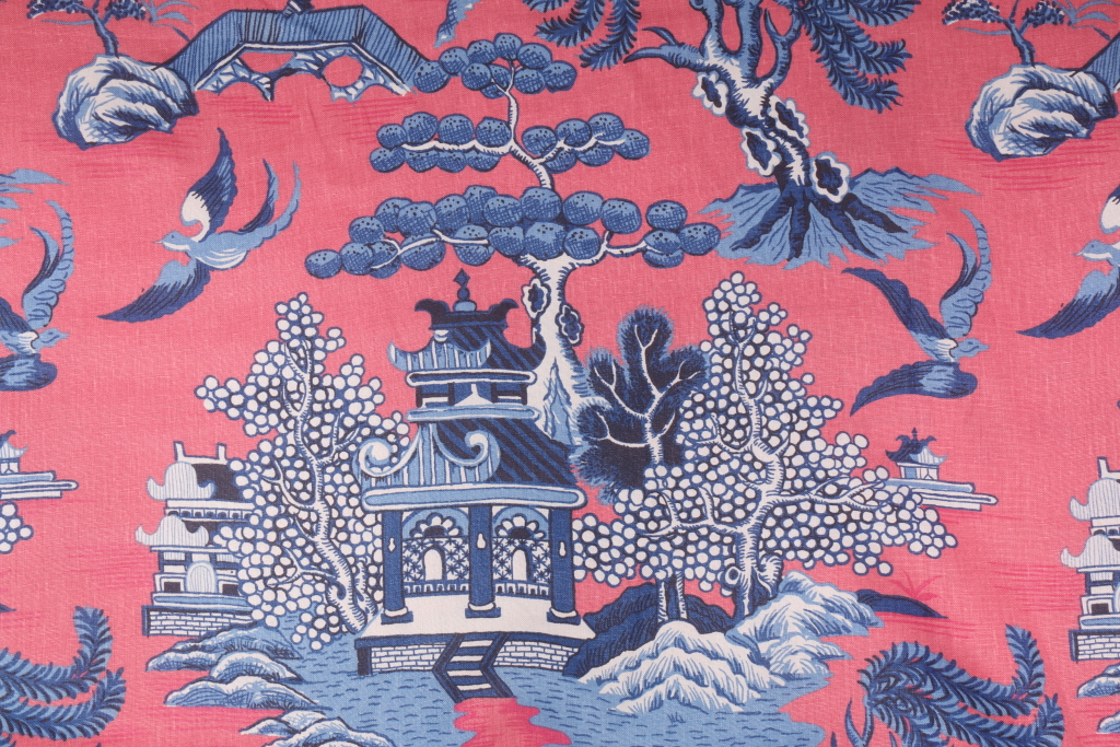 4 Yards KF Chinoiserie Toile Printed Linen Drapery Fabric