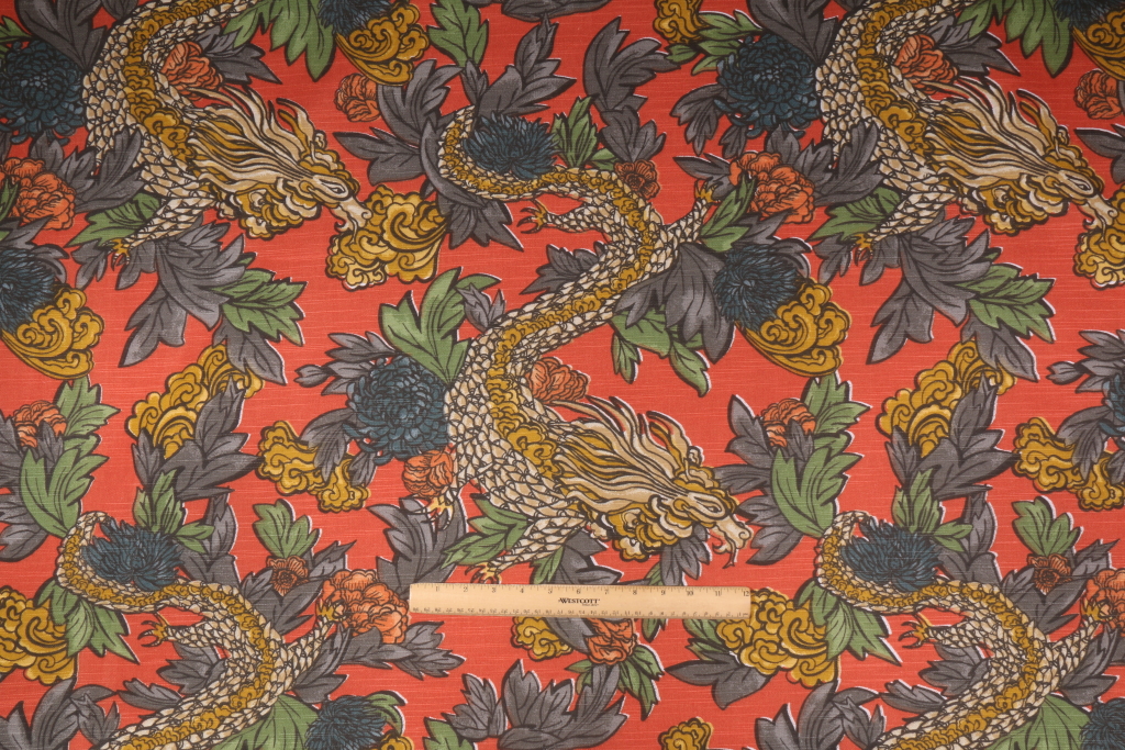 5 Yards Robert Allen Ming Dragon Printed Cotton Drapery Fabric in Persimmon