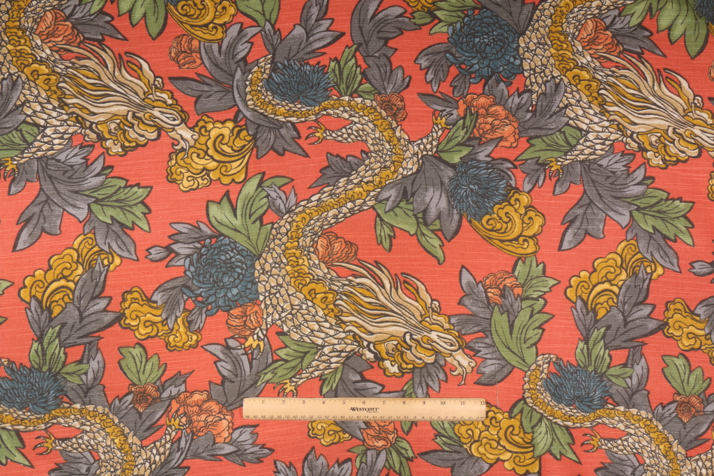 12.5 Yards Robert Allen Ming Dragon Printed Cotton Drapery Fabric in