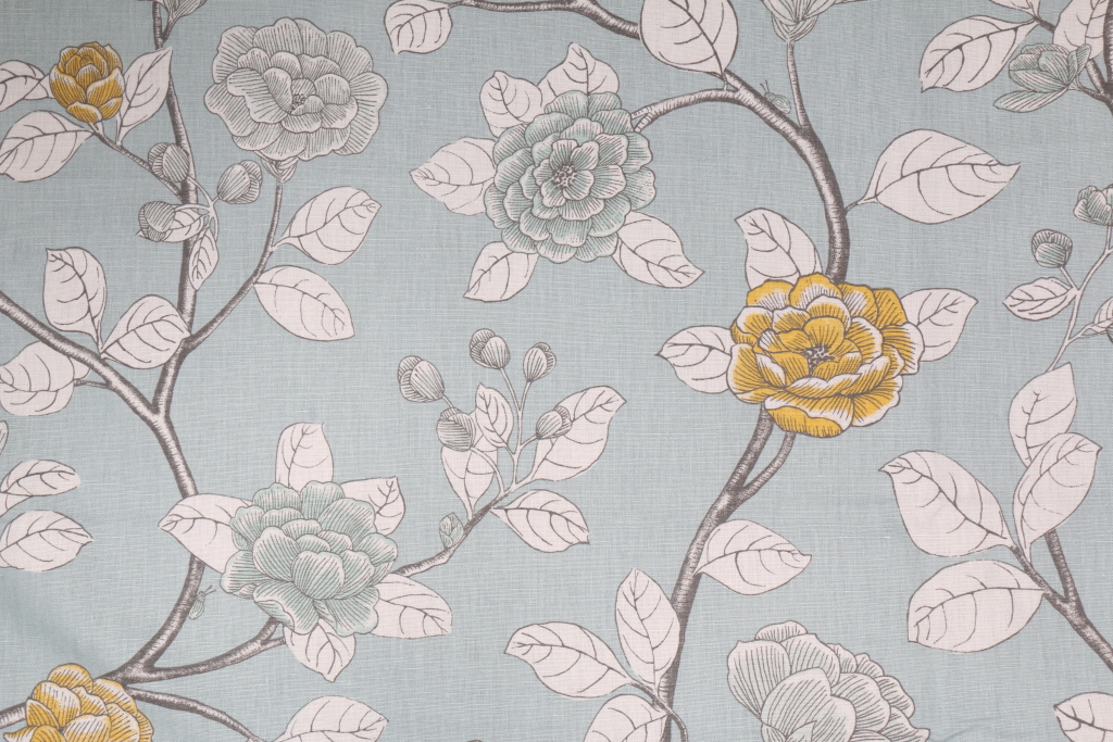 2.7 Yards Robert Allen Floral Printed Cotton Drapery Fabric in Blue