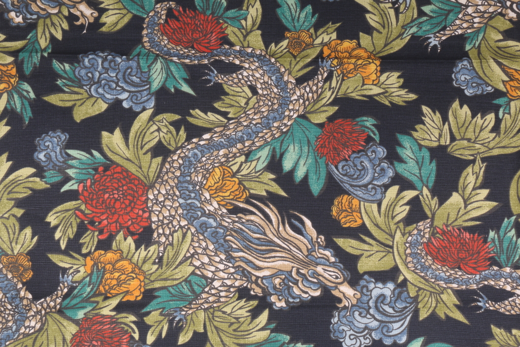 2 yards Robert Allen Ming Dragon Printed Cotton Drapery Fabric in Admiral