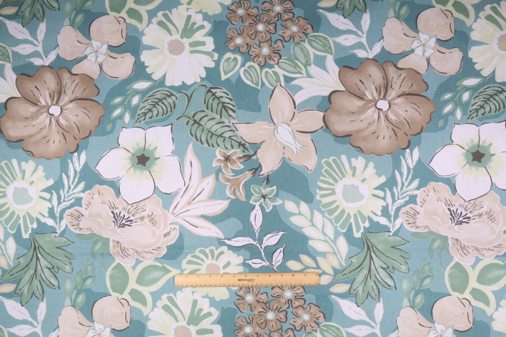 3.5 Yards Robert Allen Floral Printed Cotton Drapery Fabric in Blue