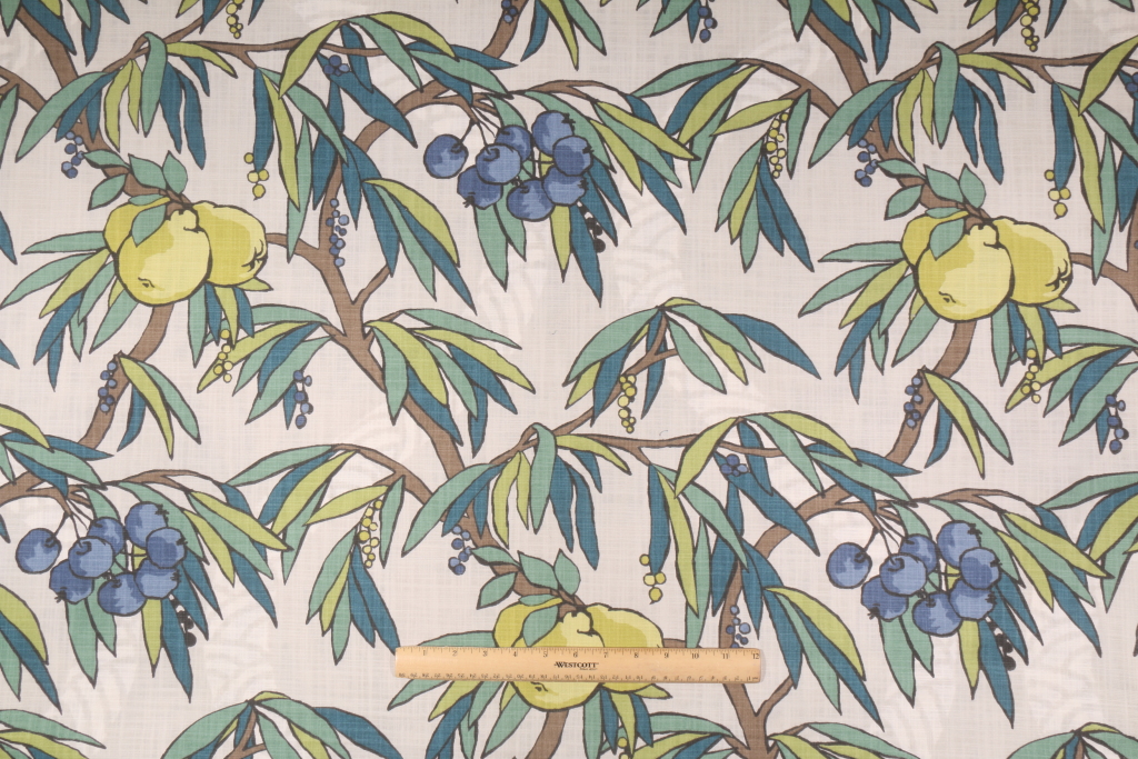 Robert Allen Nouveau Fruit Printed Cotton Drapery Fabric in Peacock