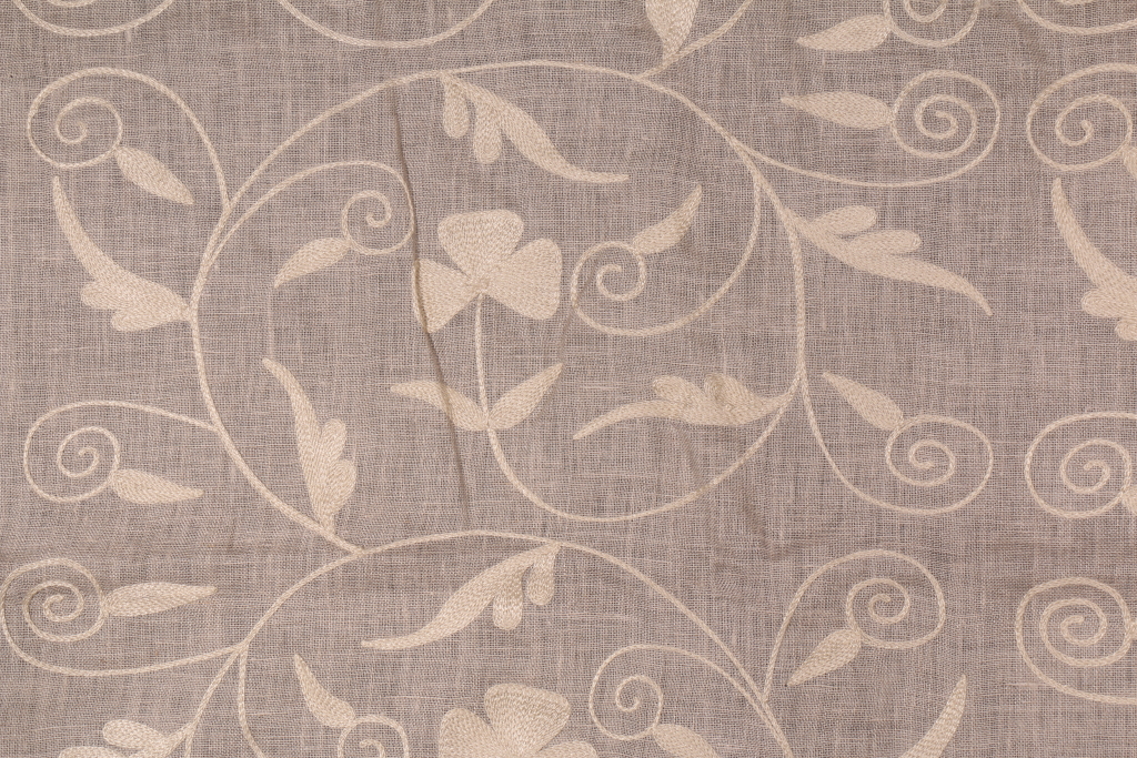 4.6 Yards Swirling Leaf Embroidered Linen Sheer Drapery Fabric in Wheat