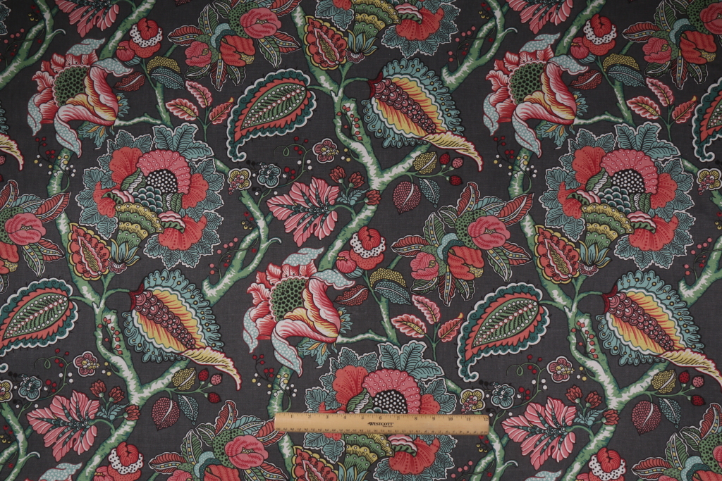 4.63 Yards Duralee Glasgow Printed Cotton Drapery Fabric in Charcoal
