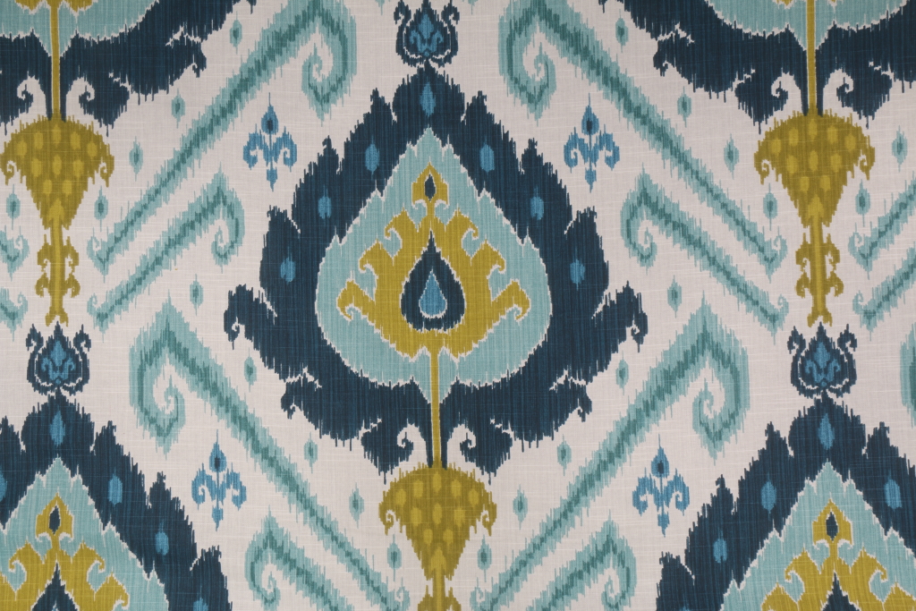 Vilber Ikat Spanish Printed Cotton Drapery Fabric in Blue Green