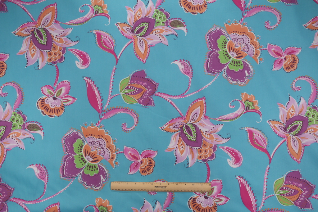 Vilber 12697 Flowers Spanish Printed Cotton Drapery Fabric in Blue/Magenta