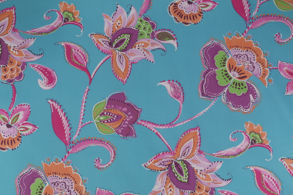 Vilber 12697 Flowers Spanish Printed Cotton Drapery Fabric in Blue/Magenta