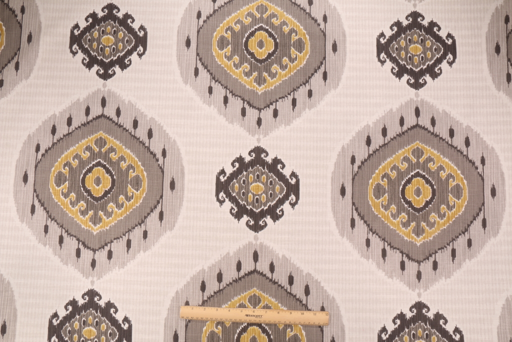 11 Yards Vilber Ikat Printed Spanish Cotton Drapery Fabric in Yellow/Grey
