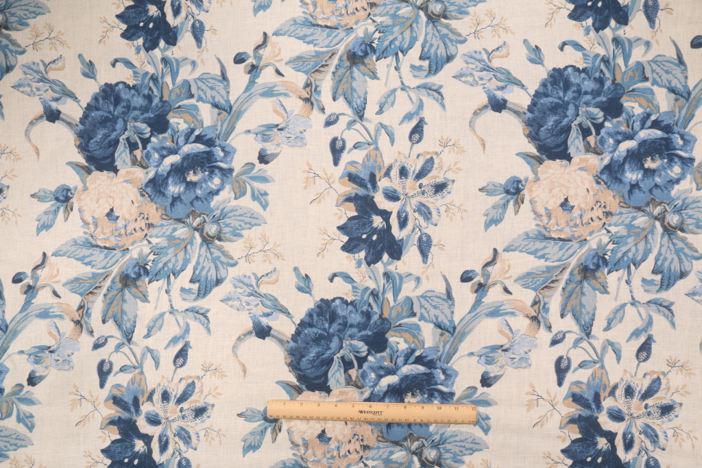 Waverly Kensington Printed Linen Drapery Fabric in Porcelain