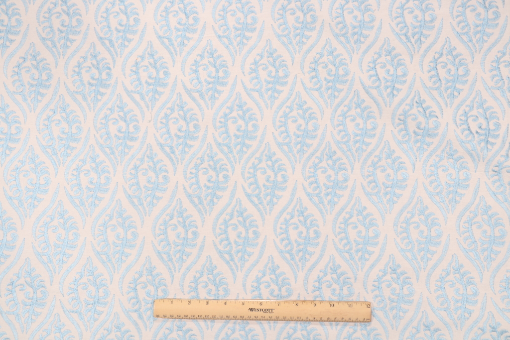 Onyx Age Quill Embroidered Cotton Drapery Fabric in Blue