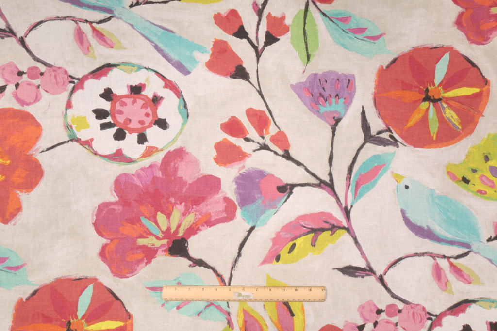 Hamilton Dahlia Printed Linen Blend Drapery Fabric in Rainbow