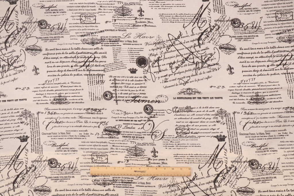 2.5 Yards French Script Printed Cotton Drapery Fabric in Black