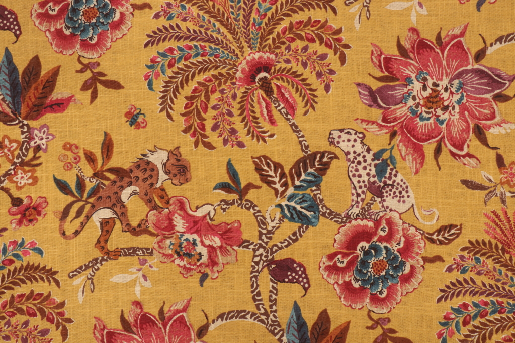Williamsburg Braganza Printed Linen Blend Drapery Fabric in Amber