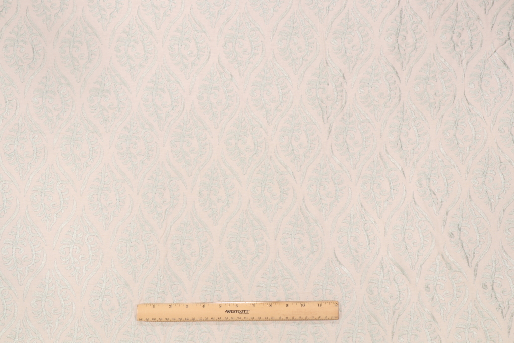 1 Yards Onyx Age Quill Embroidered Cotton Drapery Fabric in Aqua