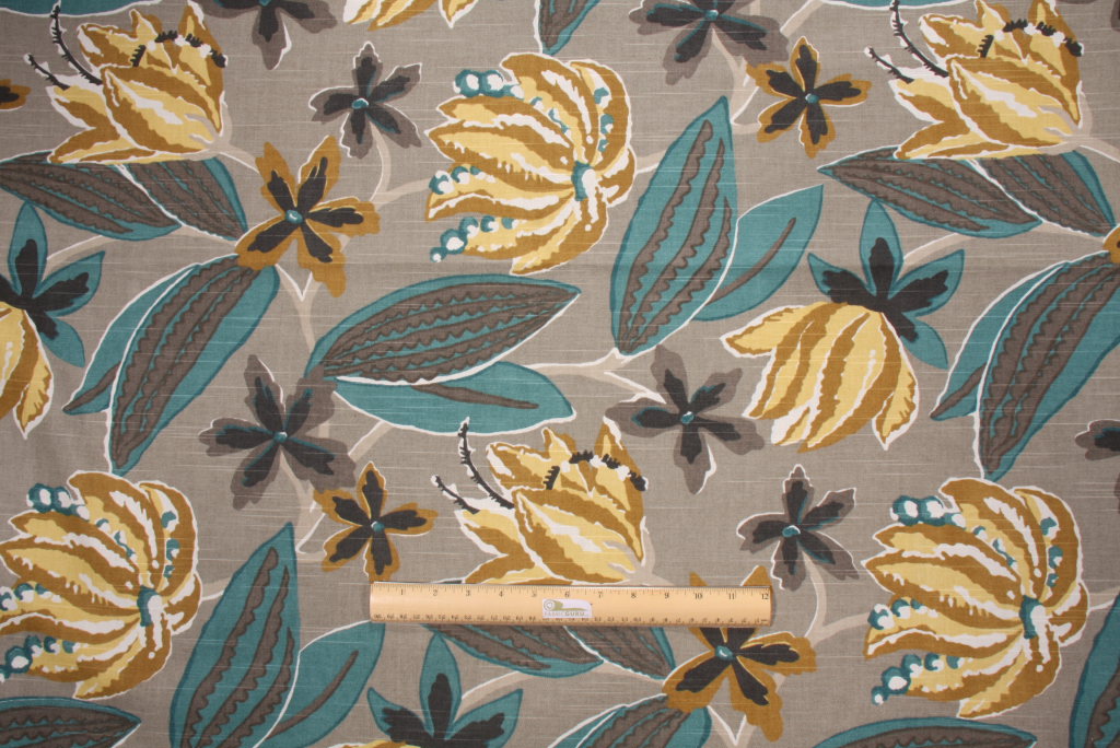 Robert Allen Bright Floral Printed Cotton Drapery Fabric in Greystone