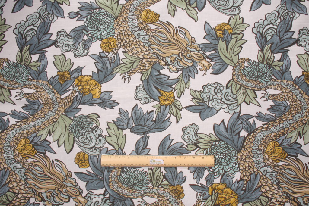 Robert Allen Ming Dragon Printed Cotton Drapery Fabric in Midnight