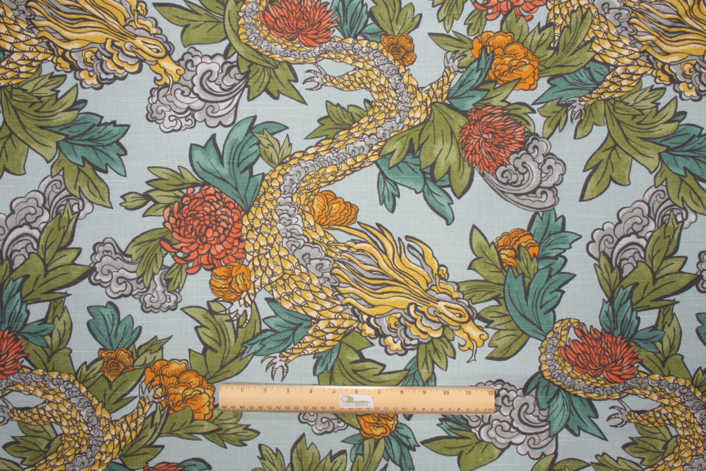 Robert Allen Ming Dragon Printed Cotton Drapery Fabric in Aquatint