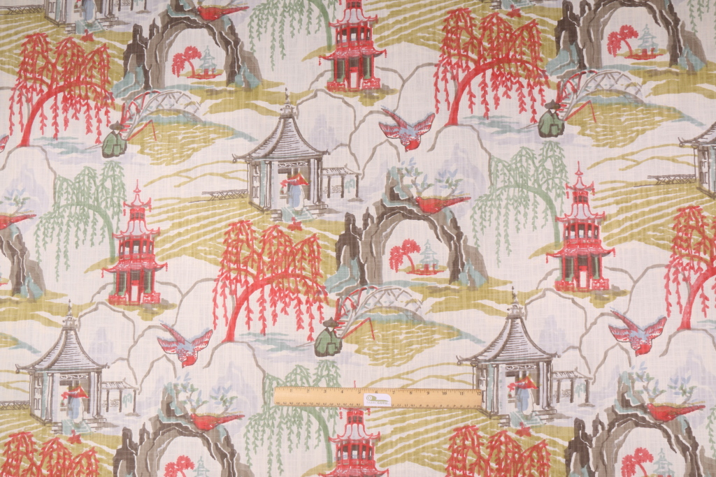 7 Yards Robert Allen Neo Toile Printed Cotton Drapery Fabric in Coral