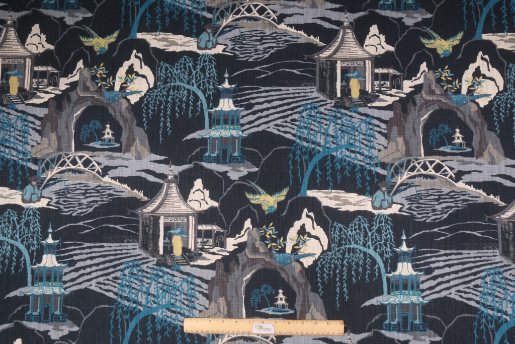 Robert Allen Neo Toile Printed Cotton Drapery Fabric in Midnight