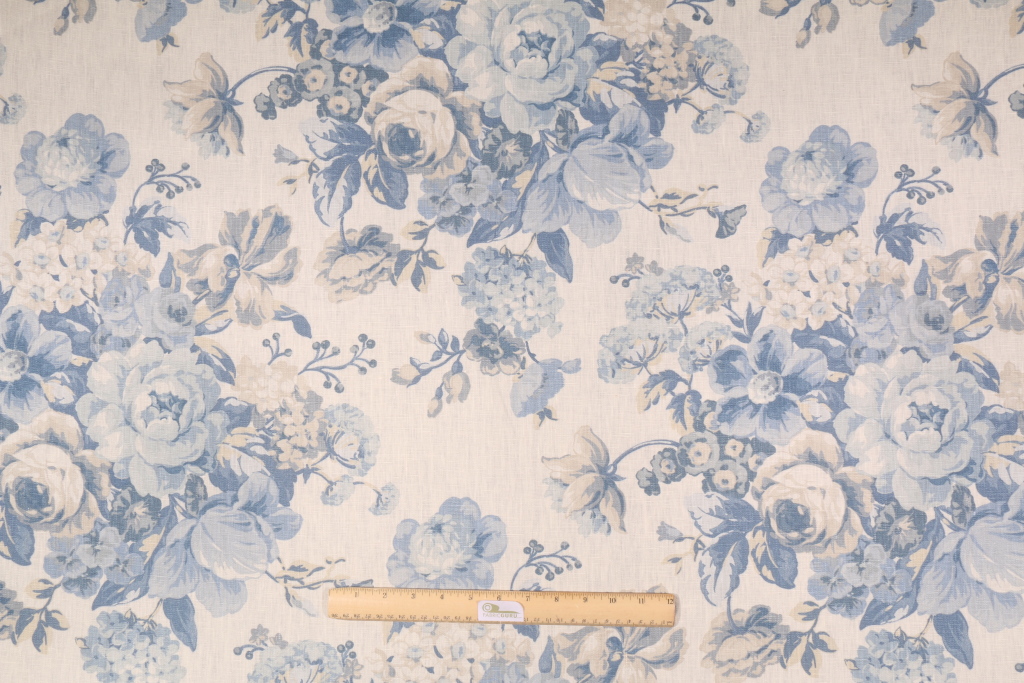 10.1 Yards Floral Printed Linen Drapery Fabric in Blue