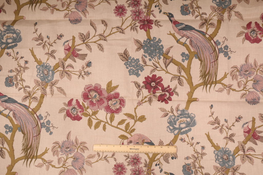 2 Yards Floral Printed Linen Blend Drapery Fabric With Birds