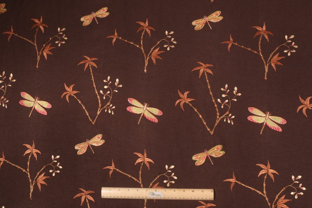 Dragonfly Embroidered Cotton Linen Decorator Fabric in chocolate