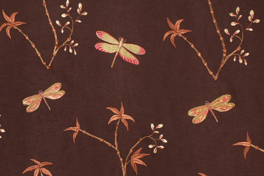 Dragonfly Embroidered Cotton Linen Decorator Fabric in chocolate