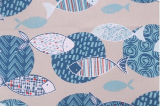 Stof France Poisson Printed Cotton Twill Drapery Fabric in Bleu 