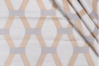 Linked Embroidered Drapery Fabric in Gold/Grey