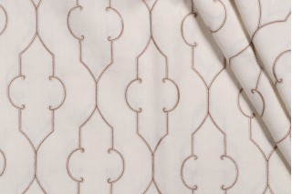 Quatrefoil Trellis Embroidered Drapery Fabric in Latte