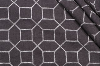 Octagon Fret Embroidered Drapery Fabric in Graphite