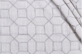 Octagon Fret Embroidered Drapery Fabric in Silver