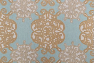 Thibaut Jakarta F98611 Printed Drapery Fabric in Aqua and Beige 