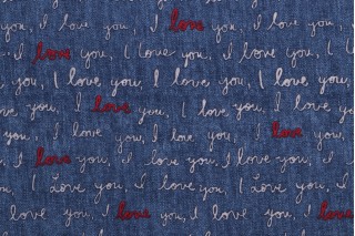 Ellen Degeneres I Love You Printed Cotton Drapery Fabric in Denim