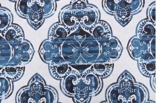 Damask Printed Linen Blend Drapery Fabric in Blue