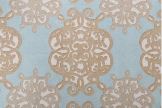 Thibaut Jakarta Printed Cotton Drapery Fabric in Aqua and Beige for Scalamandre