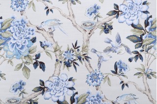 Waverly Mudan Printed Cotton Drapery Fabric in Porcelain 