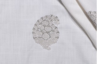 Paisley Shimmer Embroidered Drapery Fabric in Silver Mist