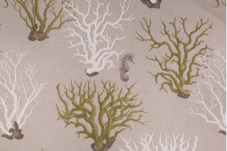 Vilber Blue Mediterranean Collection 99022 Coral Spanish Printed Linen Drapery Fabric in Green