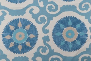 Isabelle de Borchgrave Kaftan Suzani Printed Cotton Drapery Fabric in Ocean for Fabricut 
