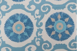 Isabelle de Borchgrave Kaftan Suzani Printed Cotton Drapery Fabric in Ocean for Fabricut 