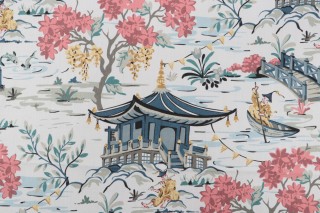 Hamilton Teahouse Toile Printed Cotton Drapery Fabric in Slate 