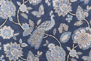PK Lifestyles Pheasant & Fleur Printed Cotton Drapery Fabric in Navy 